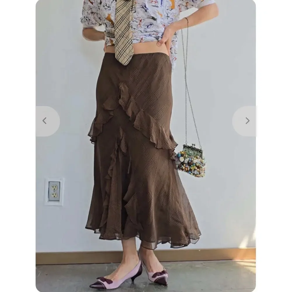 Lauren Ralph Lauren Brown Houndstooth Silk Midi Layered Skirt Ruffles L NEW - Picture 1 of 7